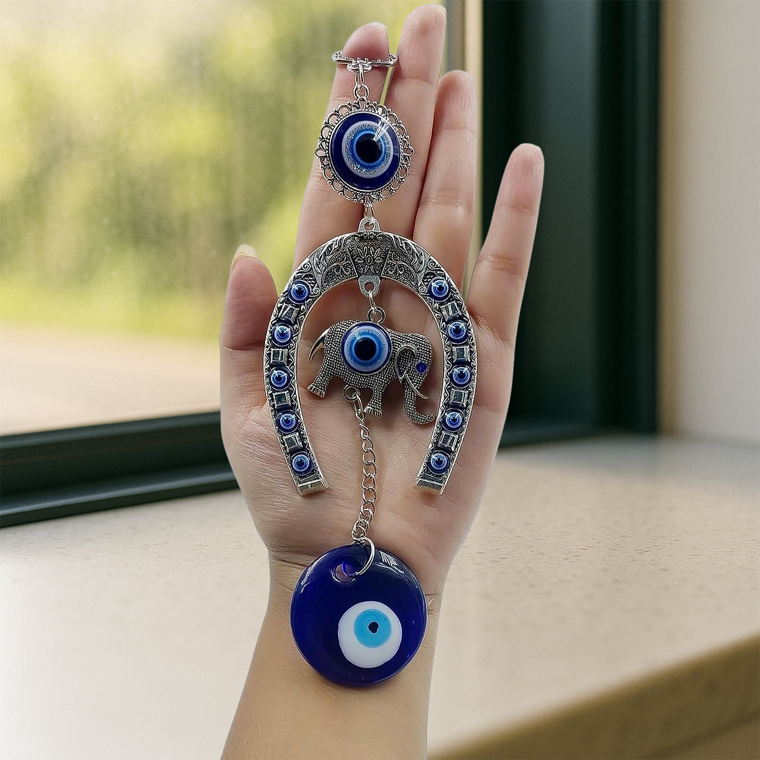 Decorative Evil Eye Hanging with Elephant and Horseshoe Motif, Wind Chime (1 Pc) Decorative Evil Eye Hanging with Elephant and Horseshoe Motif, Wind Chime (1 Pc)
